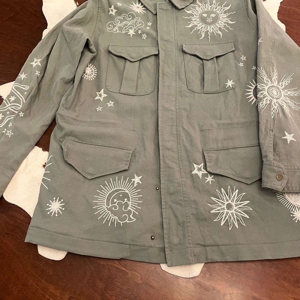 Johnny Was Green Jacket with White Sun and Star Embroidery